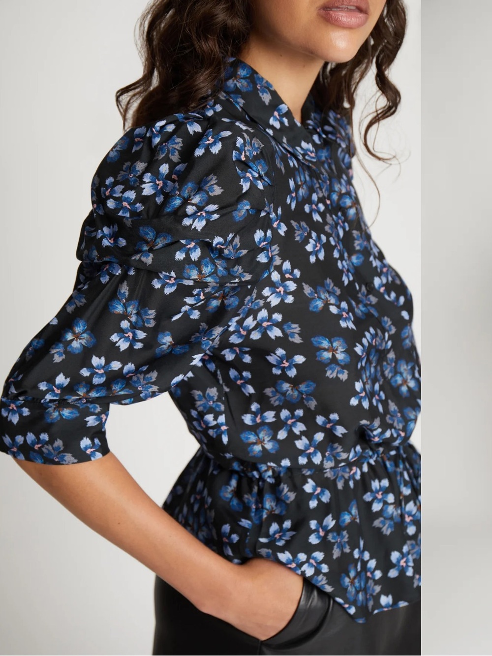 Munthe Sonia Black Floral V-Neck Peplum Blouse